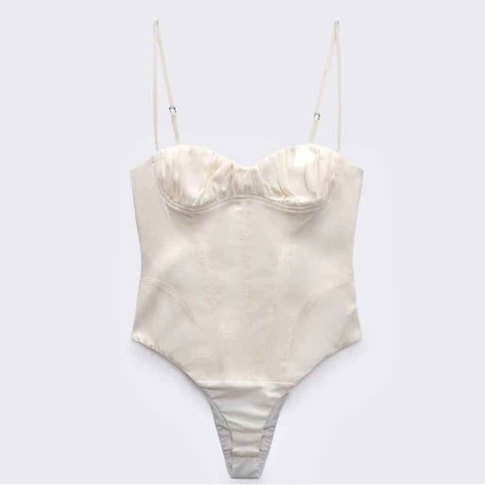 Zara NWOT linen blend ruched bust bustier top corset style ivory white bodysuit - Picture 6 of 7